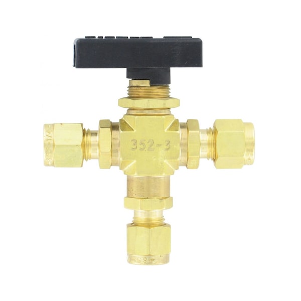 Compact 3-way ball valve, brass, 1/4in tube, 3.18 mm orifice